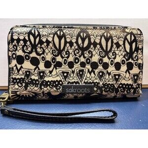 SAKROOTS Wallet Wristlet Clutch Black & White Ikat Print Sak Bag Purse